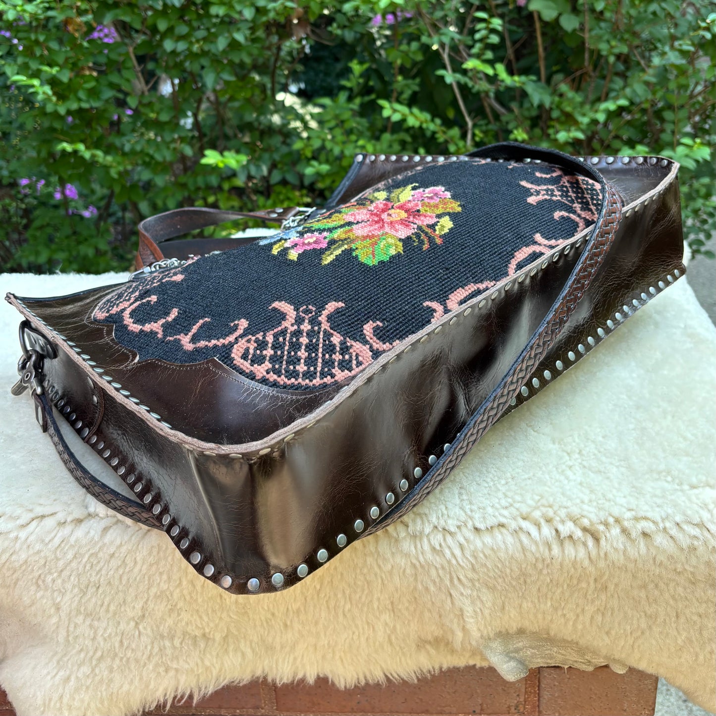 Floral Needlepoint Sable Leather Heirloom Bag