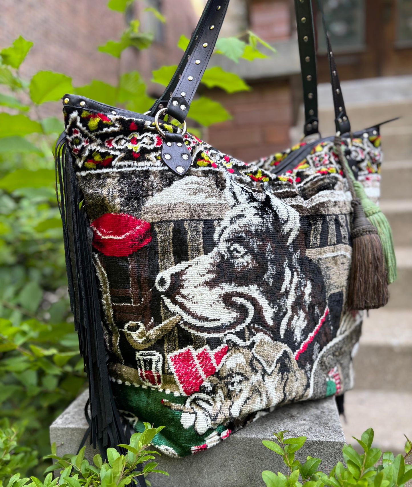Gambling Dogs Velvet Ziptop Bag with Fringe