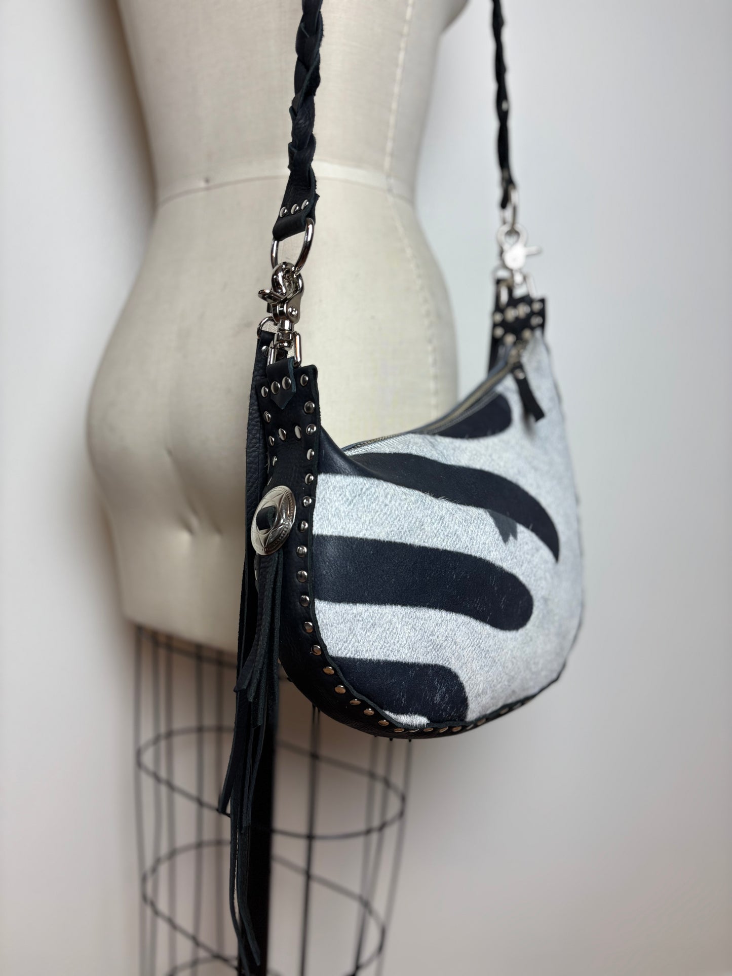 Zebra Crescent Bag with Conchos