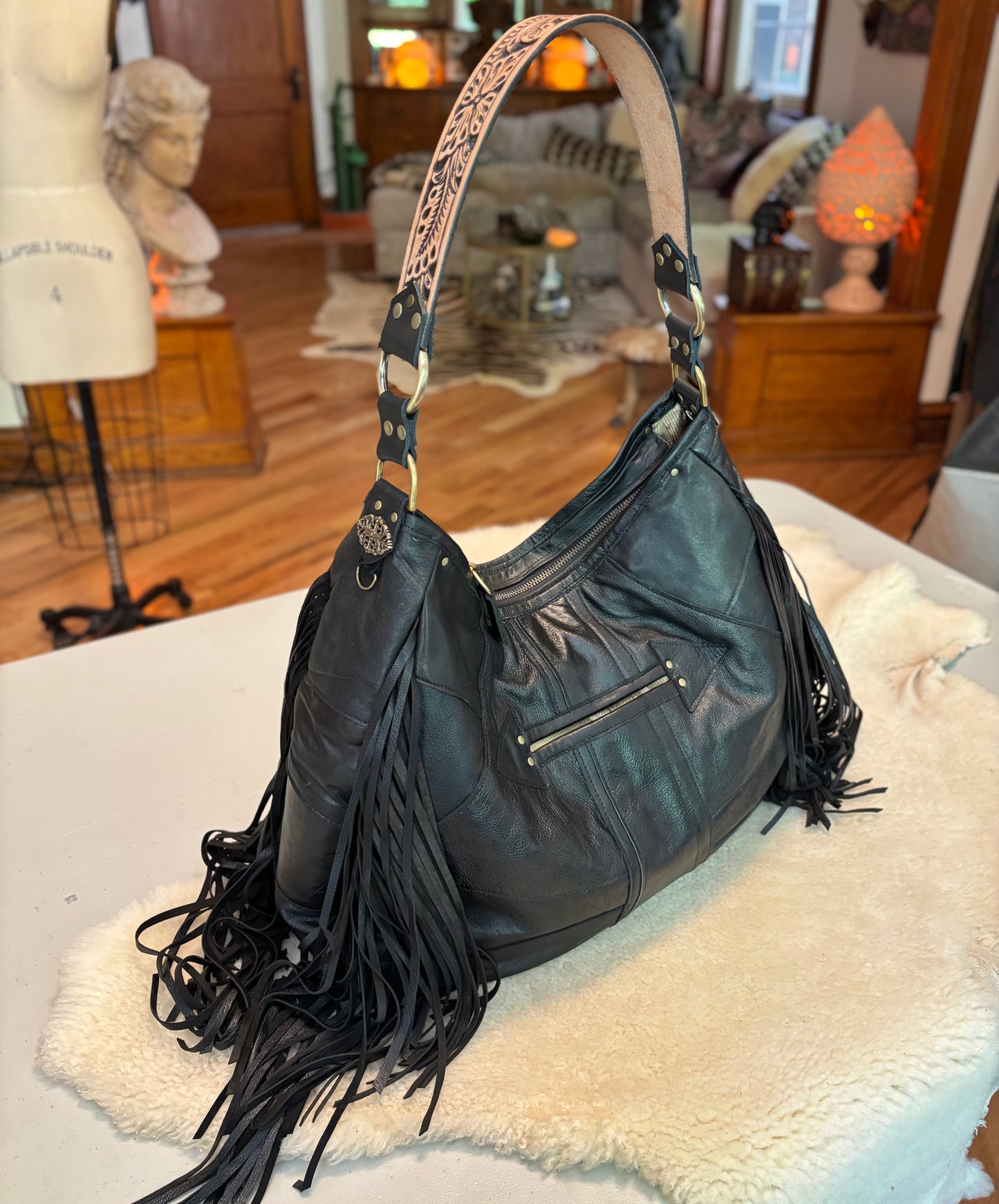 Fish Scale Reclaimed Leather Fringed Bag