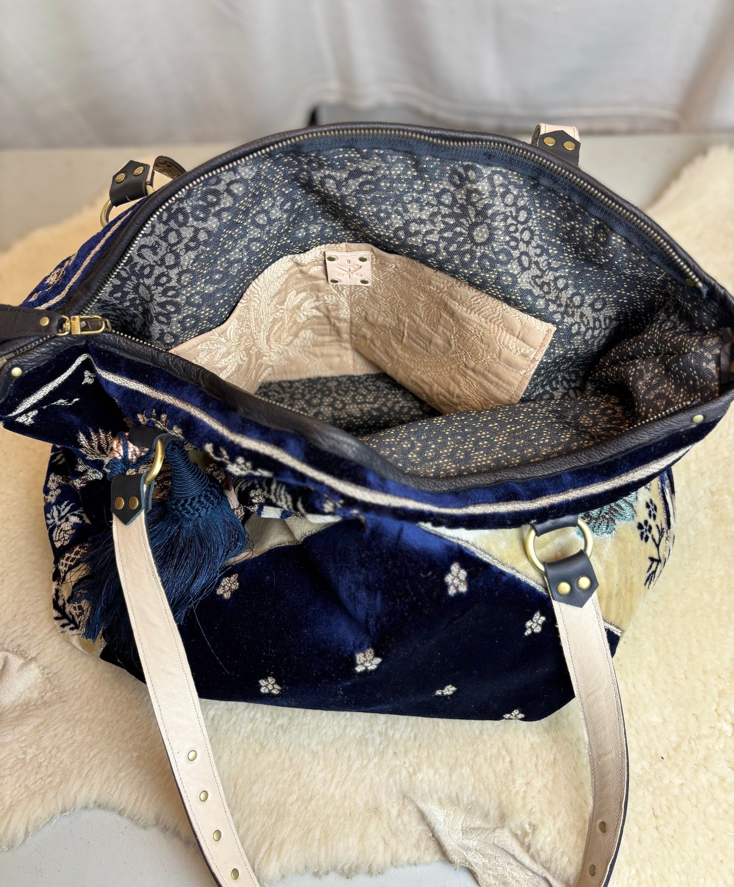 Navy Floral Velvet Prayer Mat Ziptop Bag