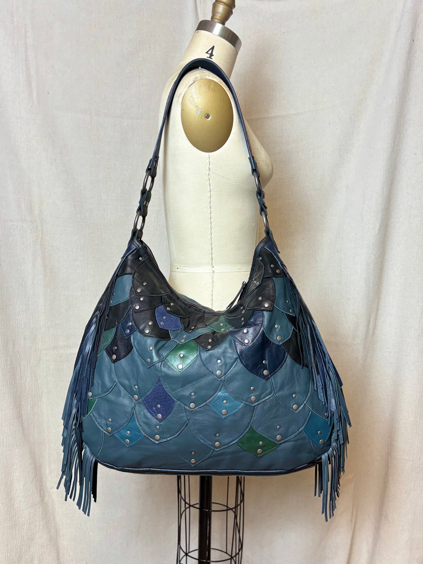 Steel Blue Reclaimed Leather Fish Scale Bag