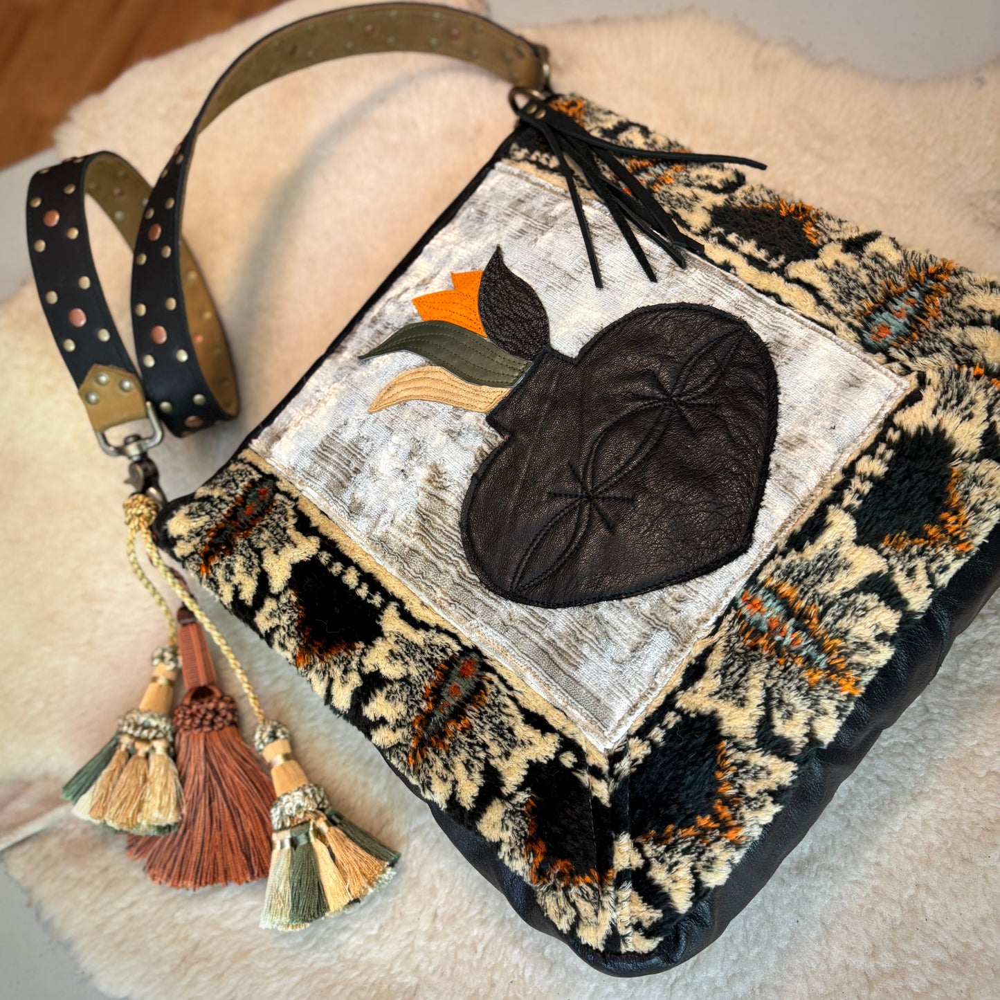 Vintage Velvet and Leather Bag with Sacred Heart