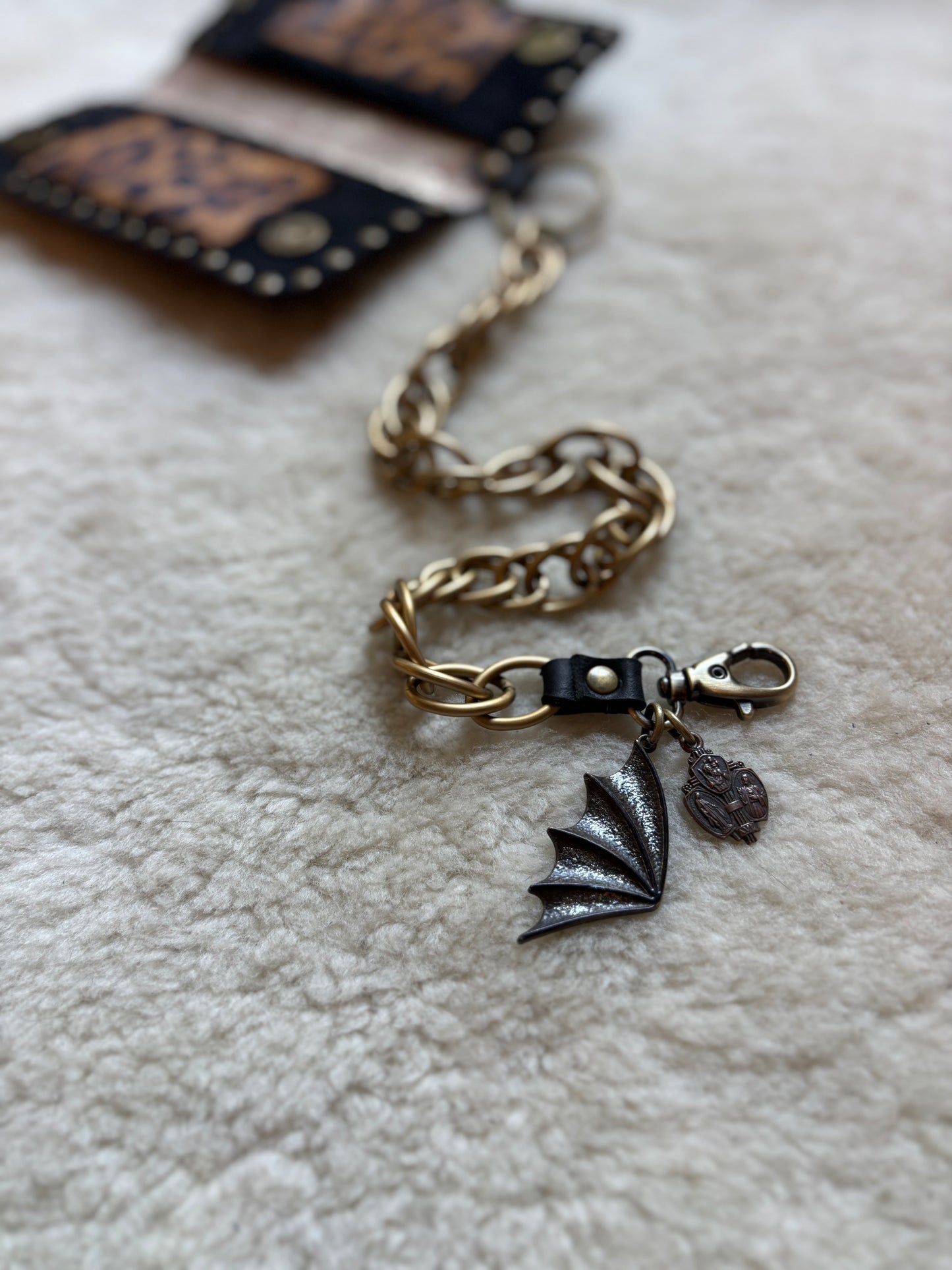 Antiqued Brass Toned Wallet Chain with Bat Wing