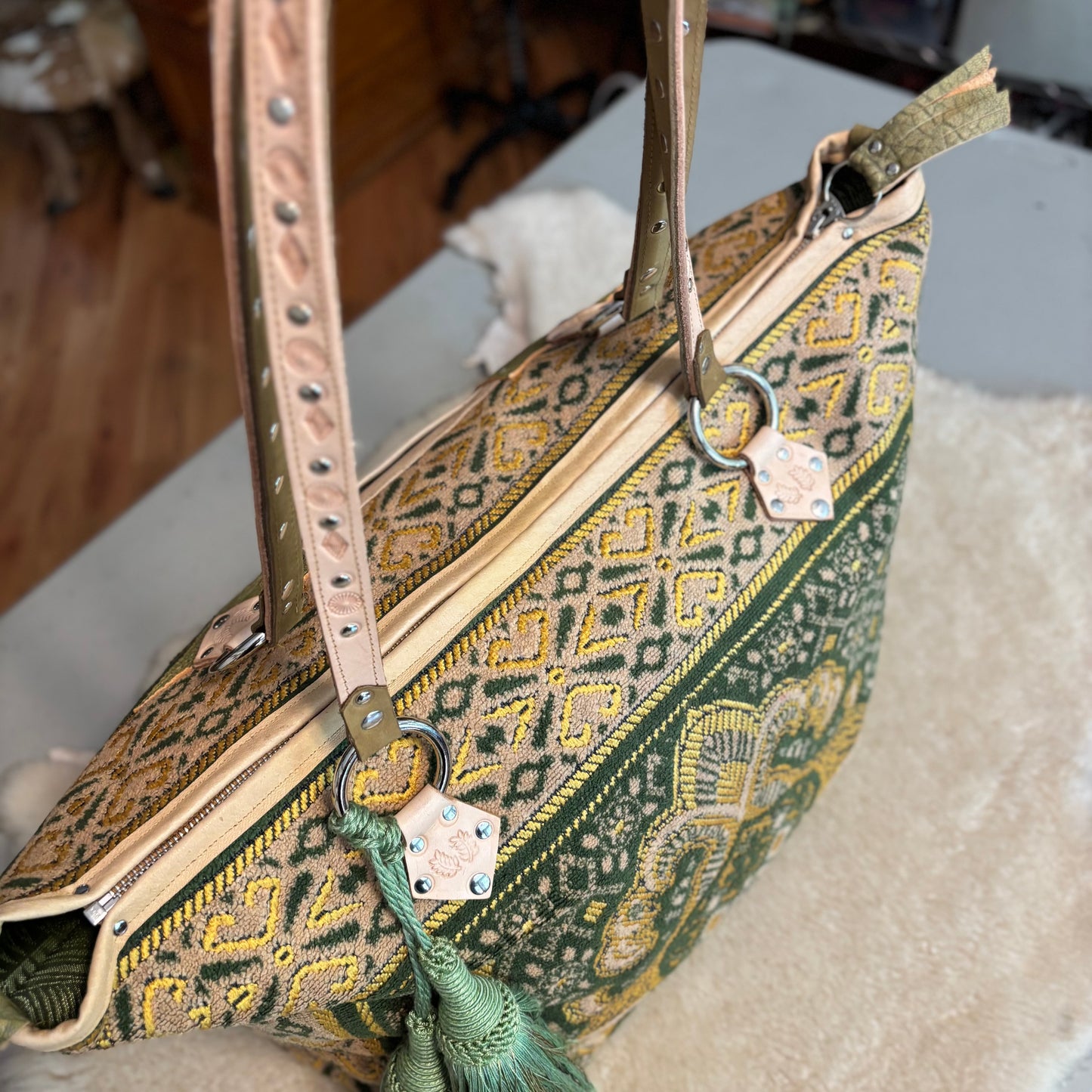 Green and Gold Vintage Prayer Rug Bag