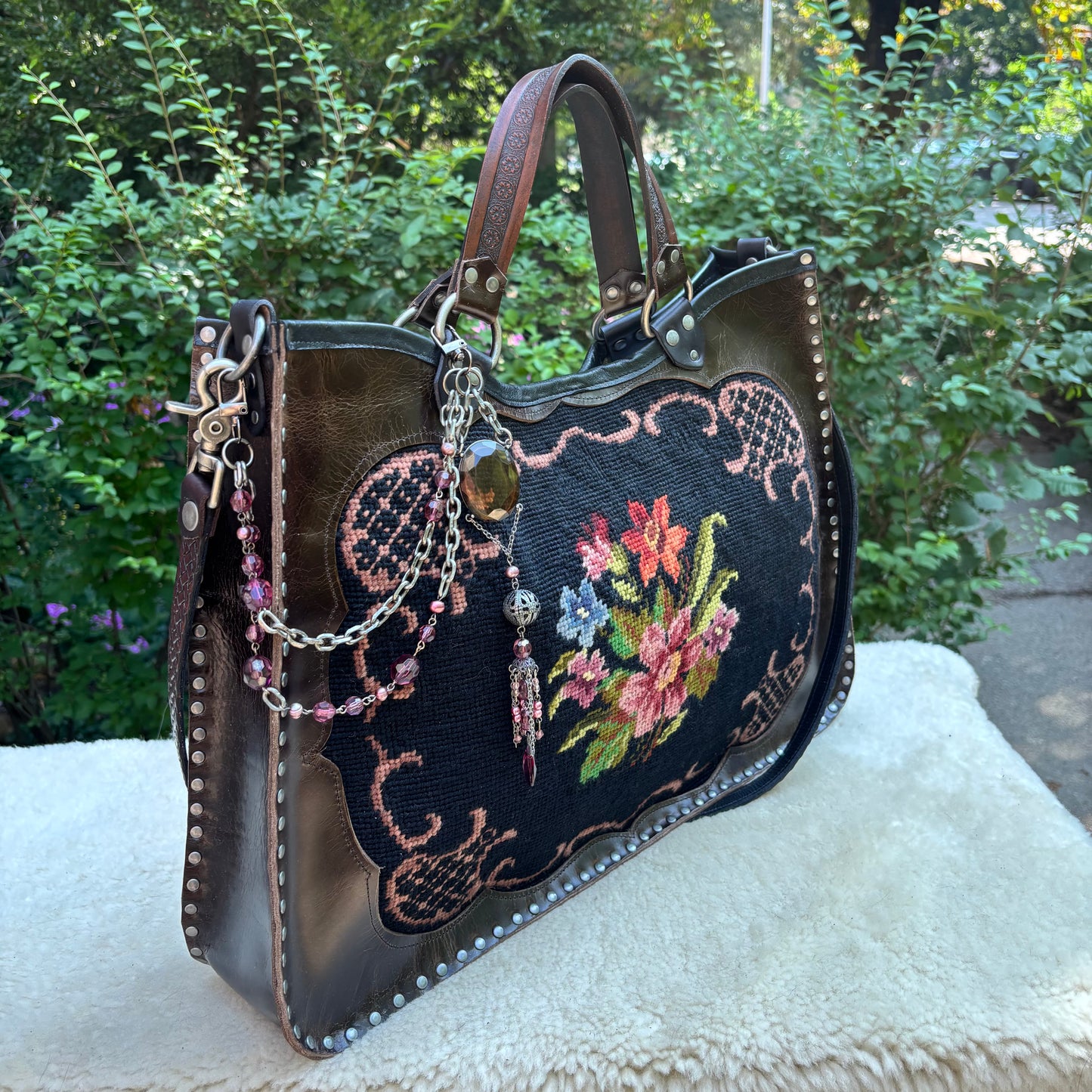 Floral Needlepoint Sable Leather Heirloom Bag