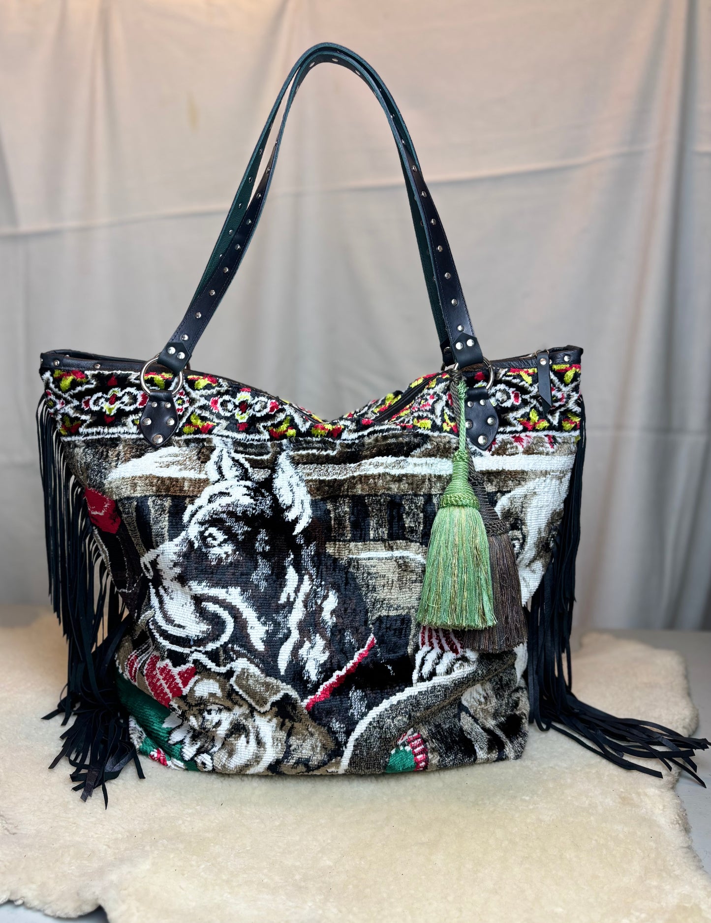 Gambling Dogs Velvet Ziptop Bag with Fringe