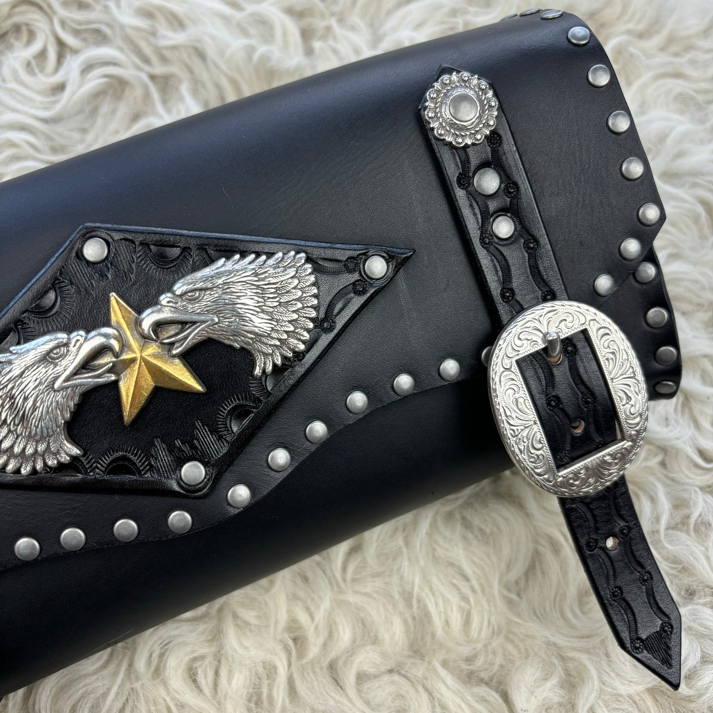 Black Leather Twin Eagles Bike Bag