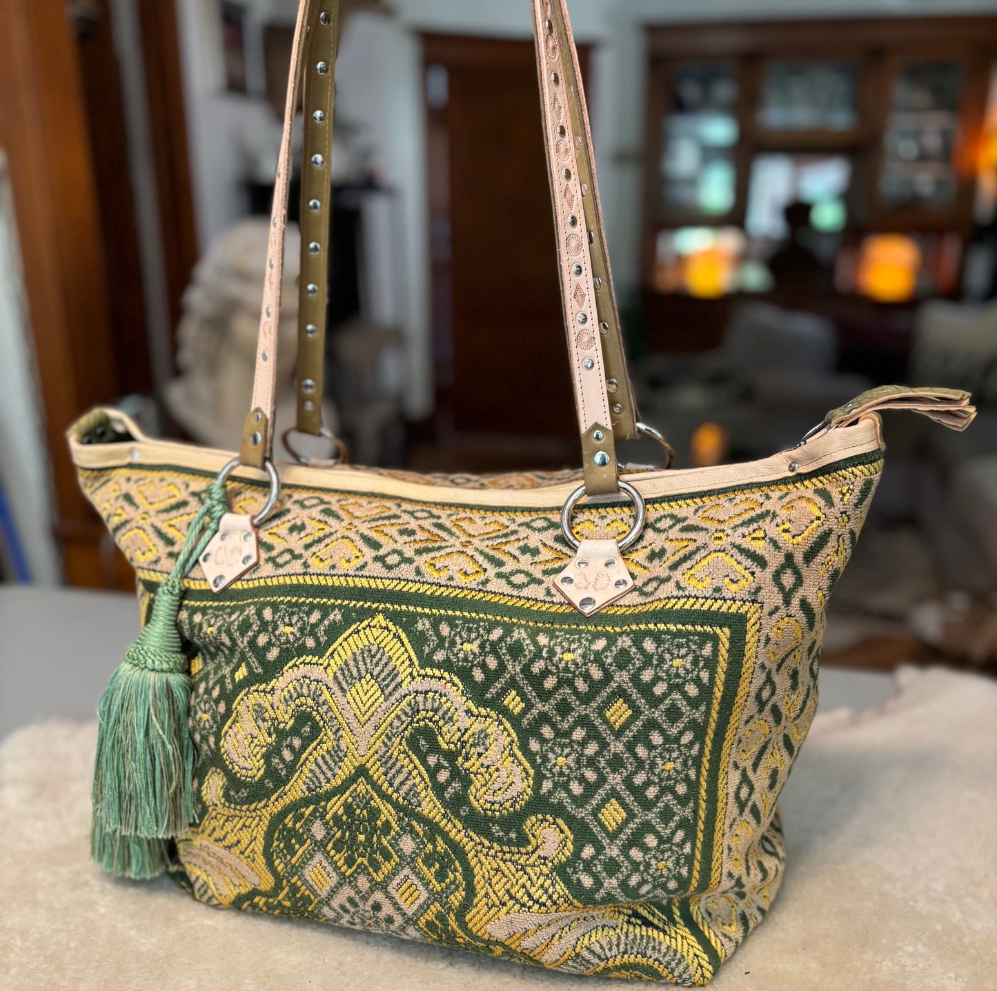 Green and Gold Vintage Prayer Rug Bag