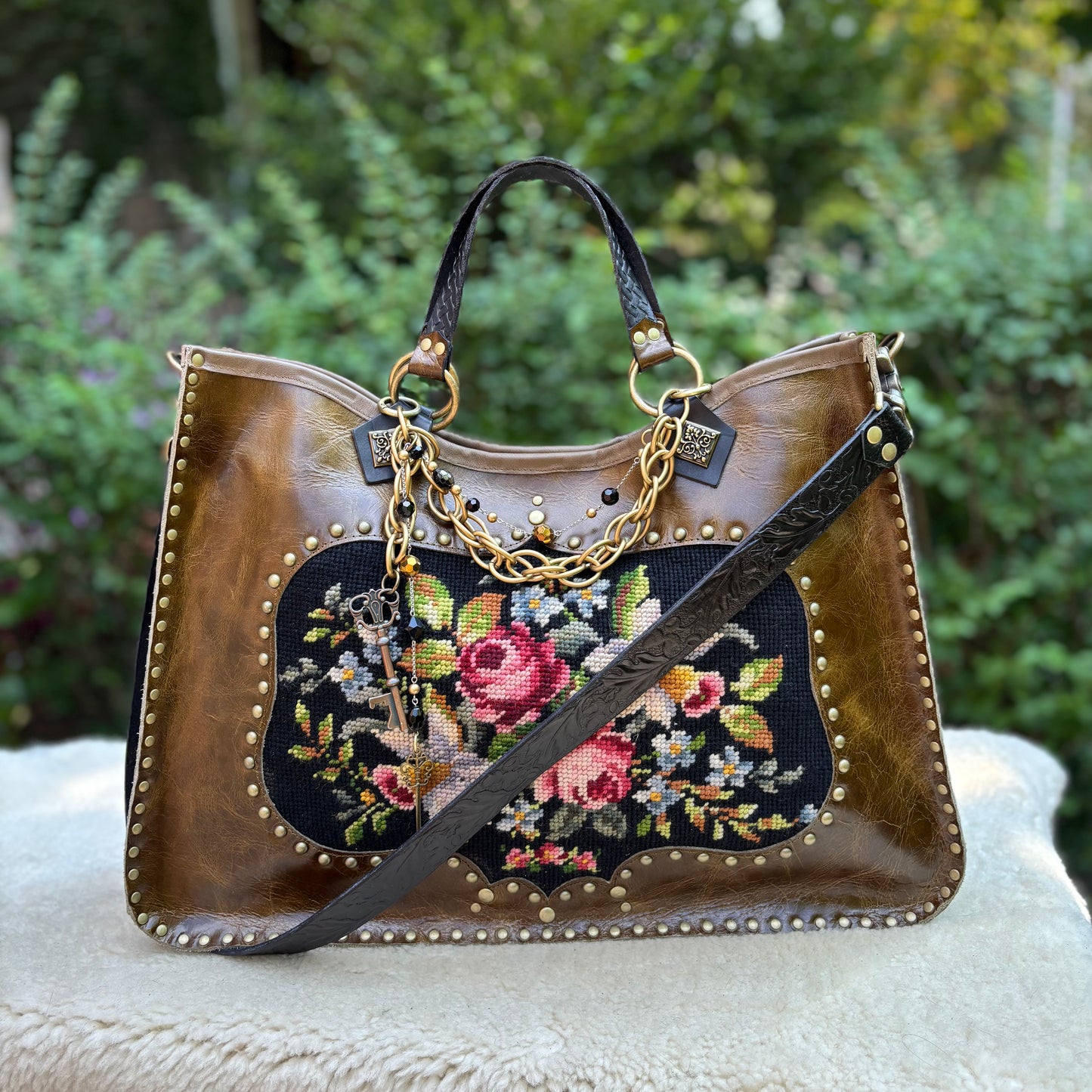 Olive Leather Bouquet Needlepoint Heirloom Bag