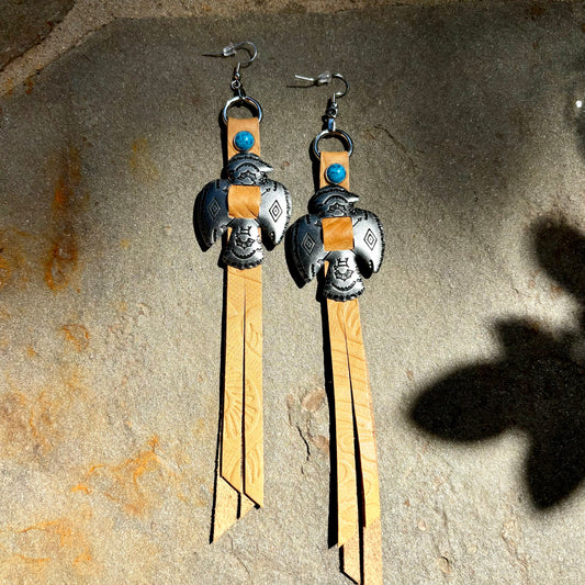 Tan Thunderbird Earrings with Turquoise