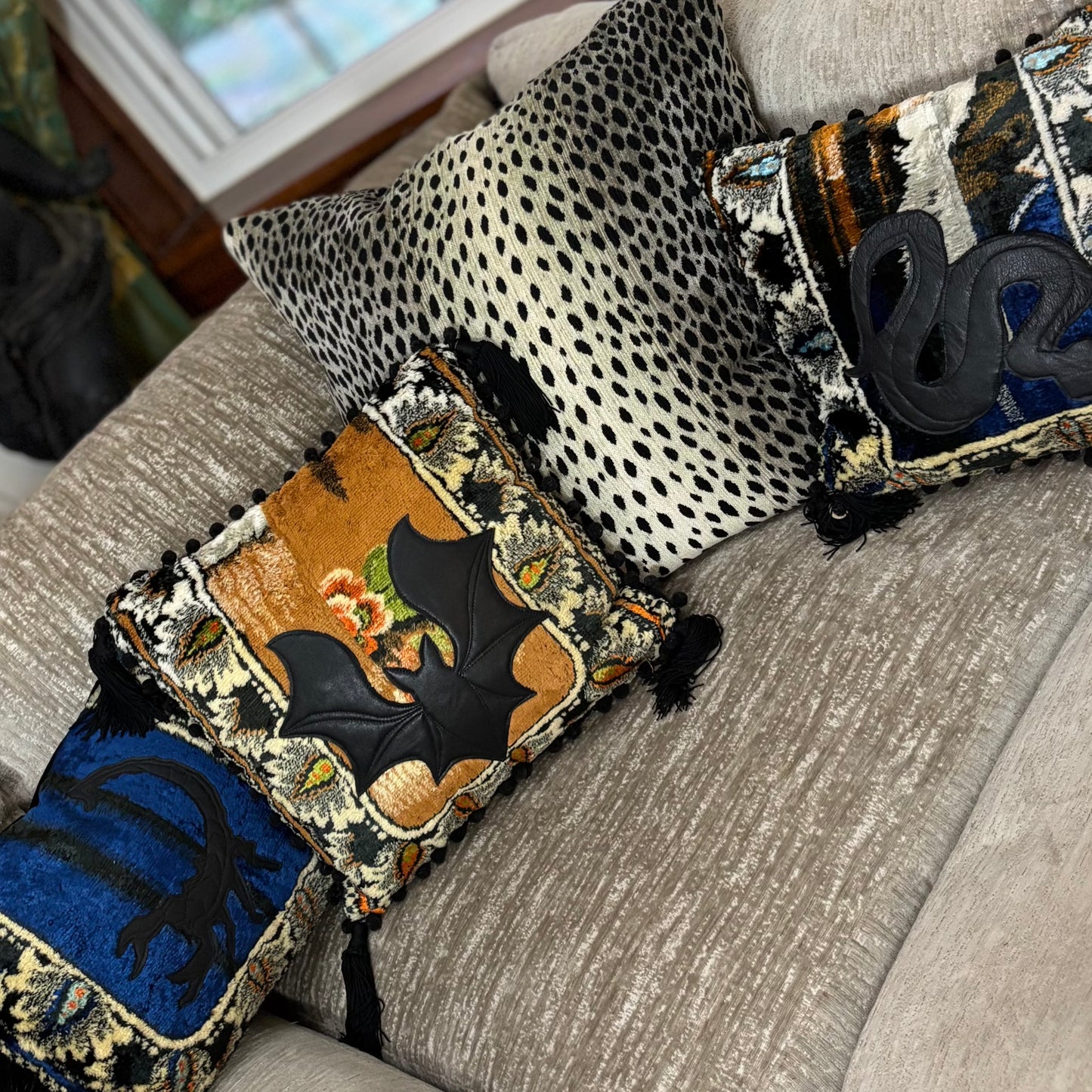 Vintage Velvet Tapestry Pillow with Leather Bat