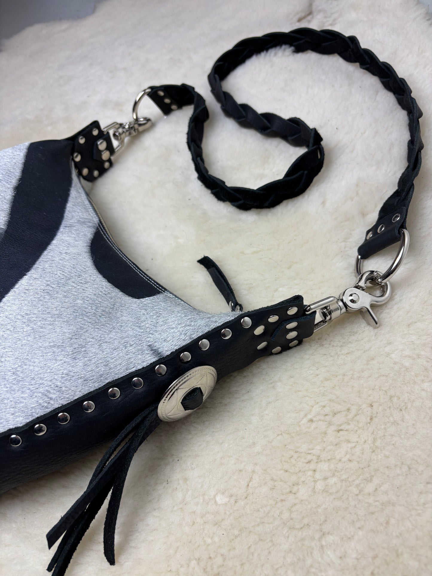 Zebra Crescent Bag with Conchos