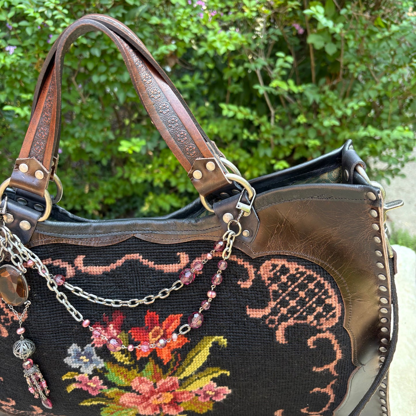 Floral Needlepoint Sable Leather Heirloom Bag