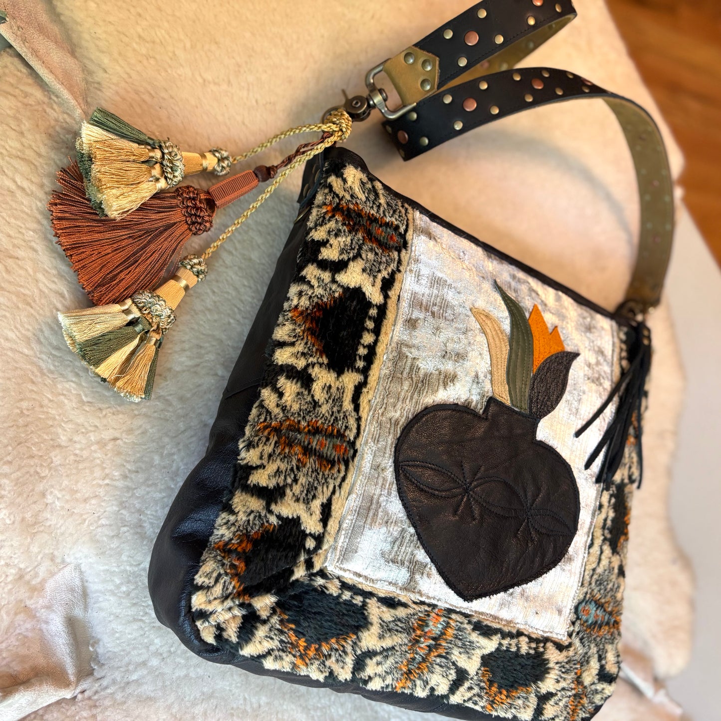 Vintage Velvet and Leather Bag with Sacred Heart