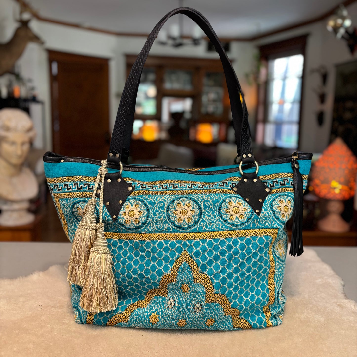 Turquoise Reclaimed Prayer Rug Bag