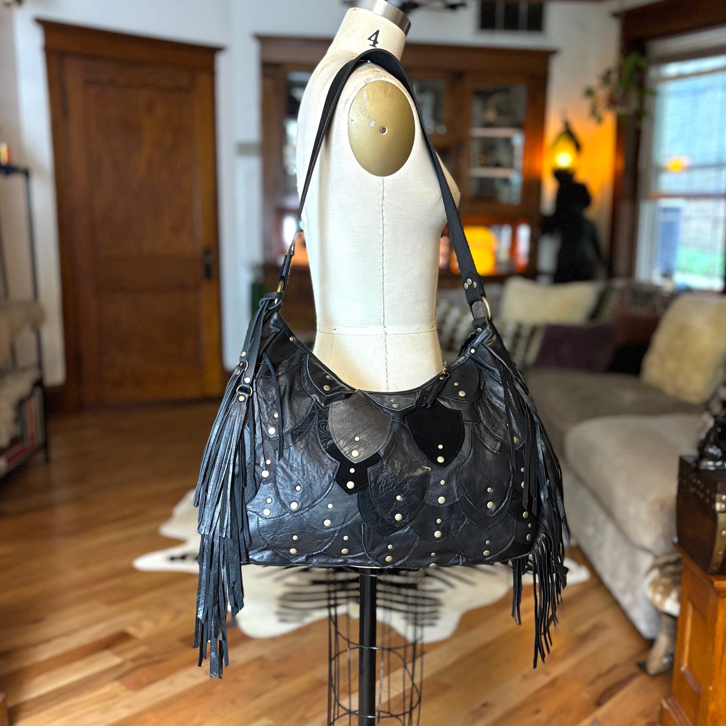 Reclaimed Leather Fishscale Ziptop Bag
