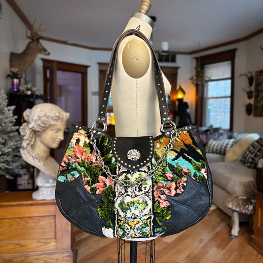Floral Velvet Tapestry Bag with Bat Wings