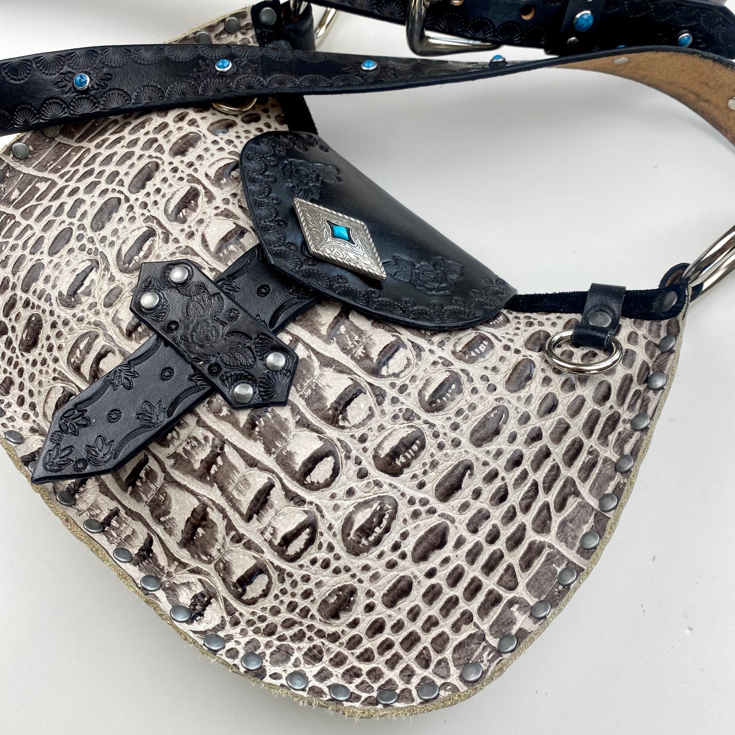 Croc Print Crossbody with Stamped Accents & Turquoise