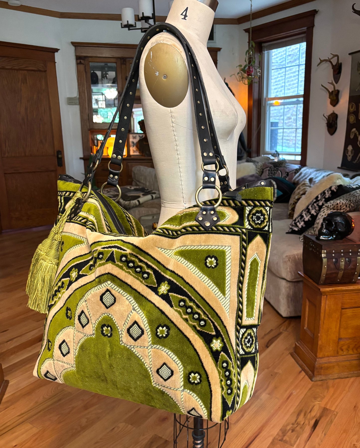 Summer Green Velvet Prayer Rug Oversized Bag