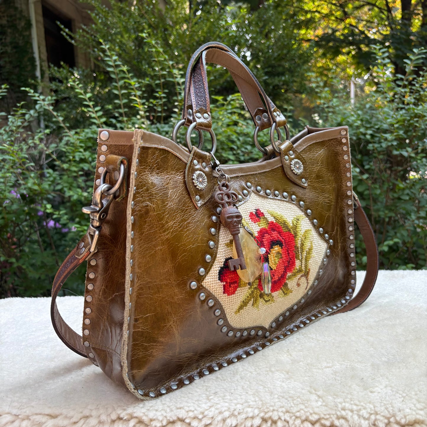 Needlepoint Poppy Heirloom Bag in Dark Olive