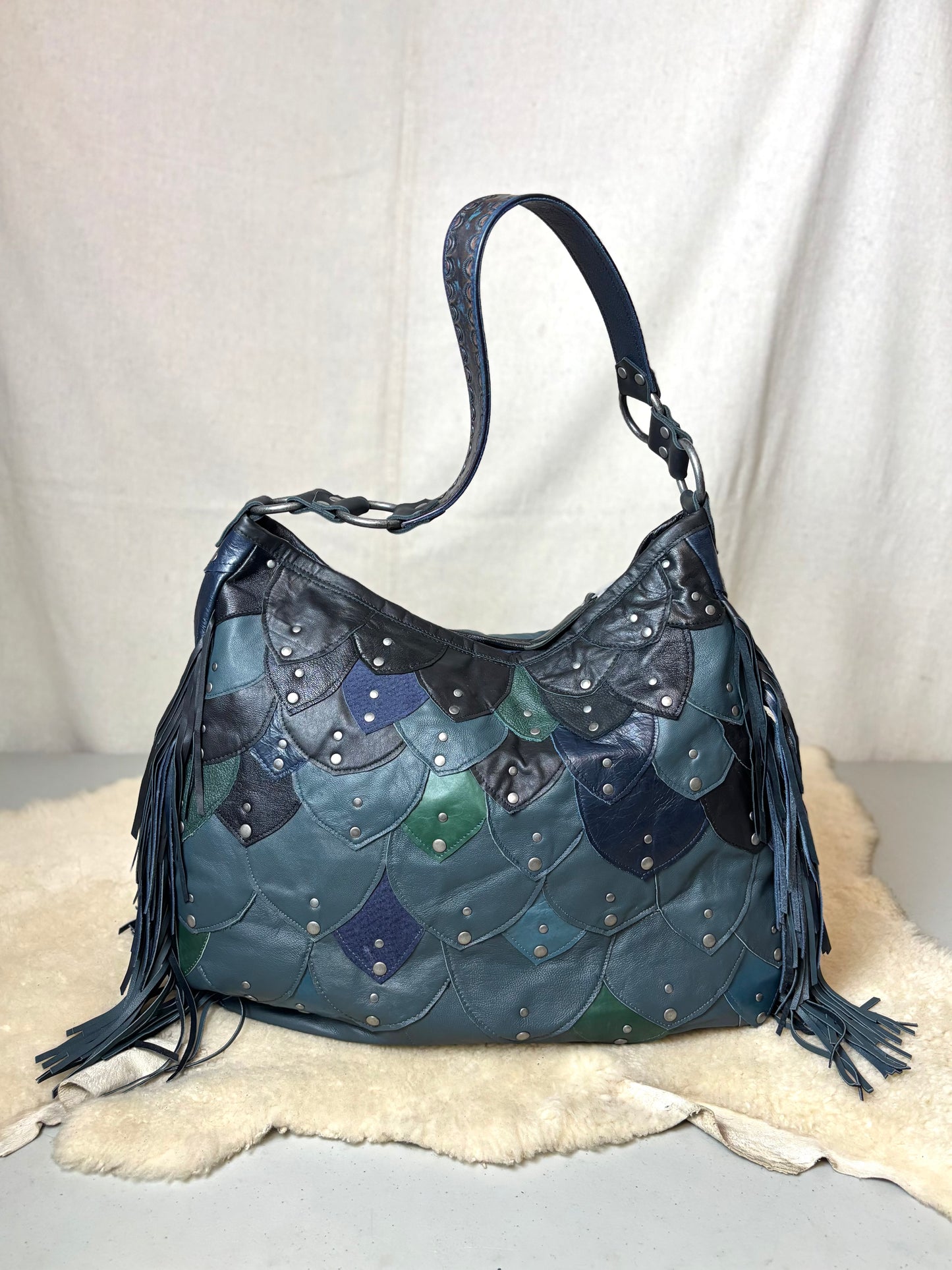 Steel Blue Reclaimed Leather Fish Scale Bag