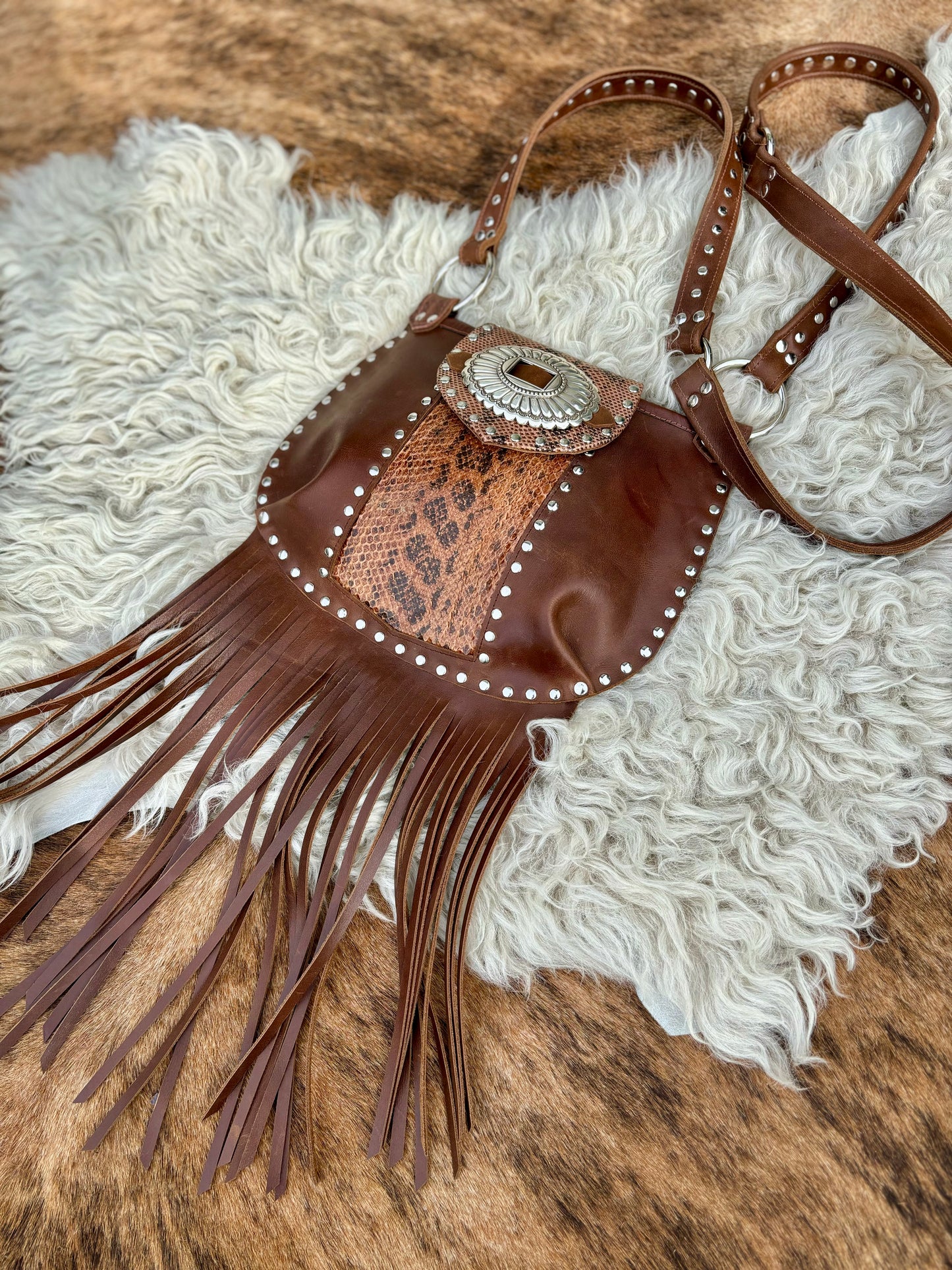 Snakeskin Fringed Leather Crossbody Bag