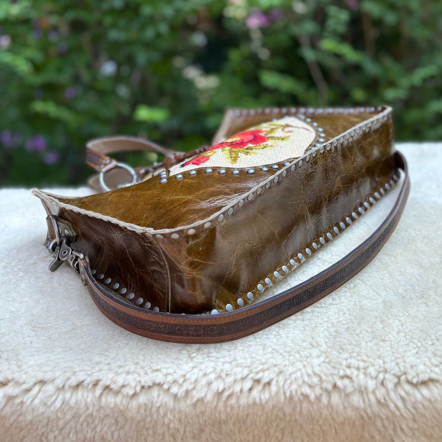 Needlepoint Poppy Heirloom Bag in Dark Olive