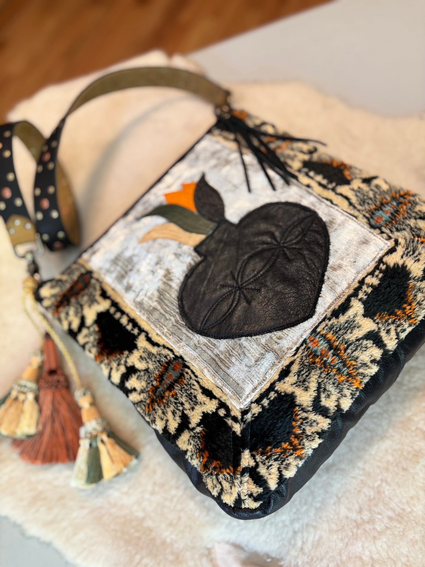 Vintage Velvet and Leather Bag with Sacred Heart