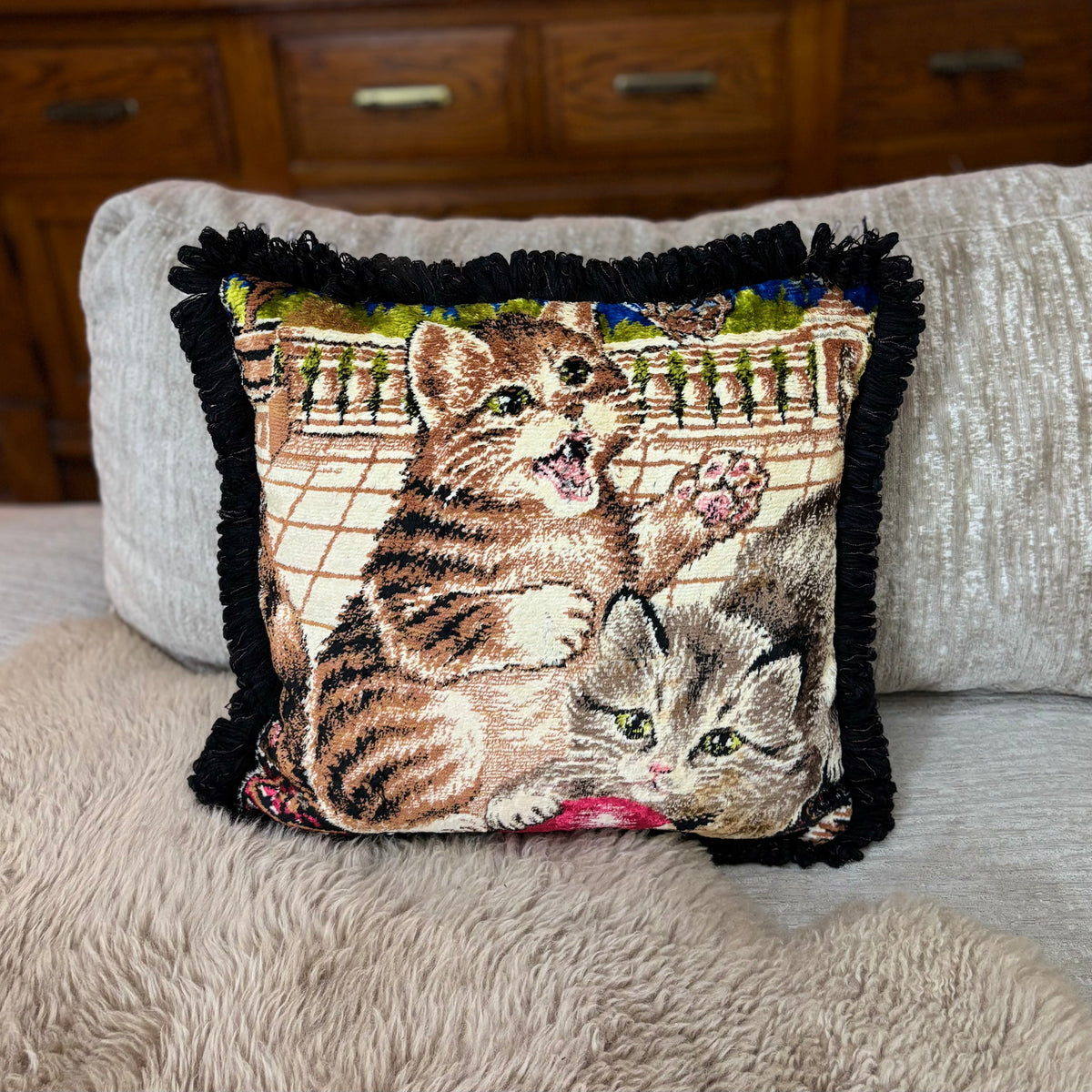 Playing Kittens Vintage Velvet Pillow