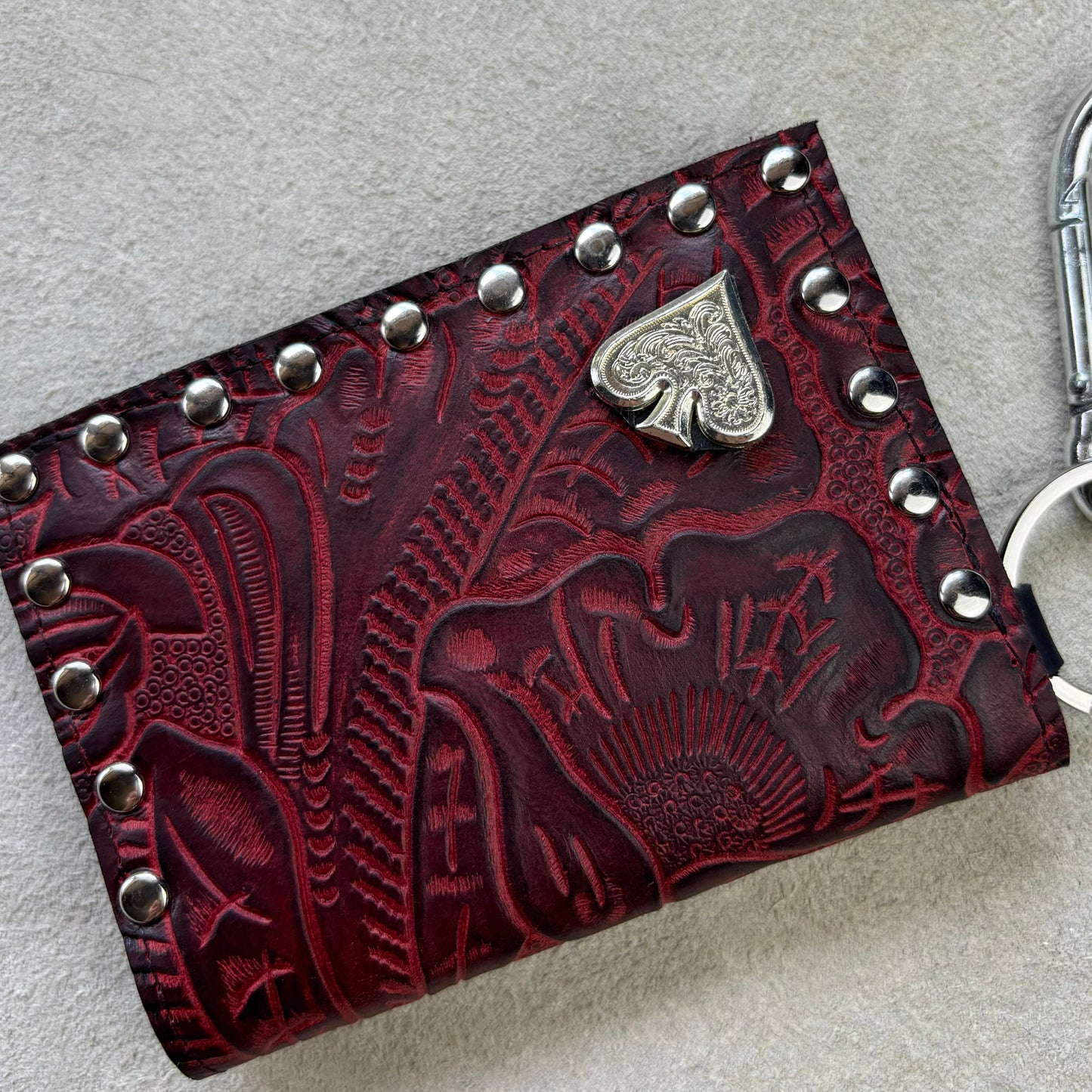 Deep Red Embossed Leather Wallet with Spade