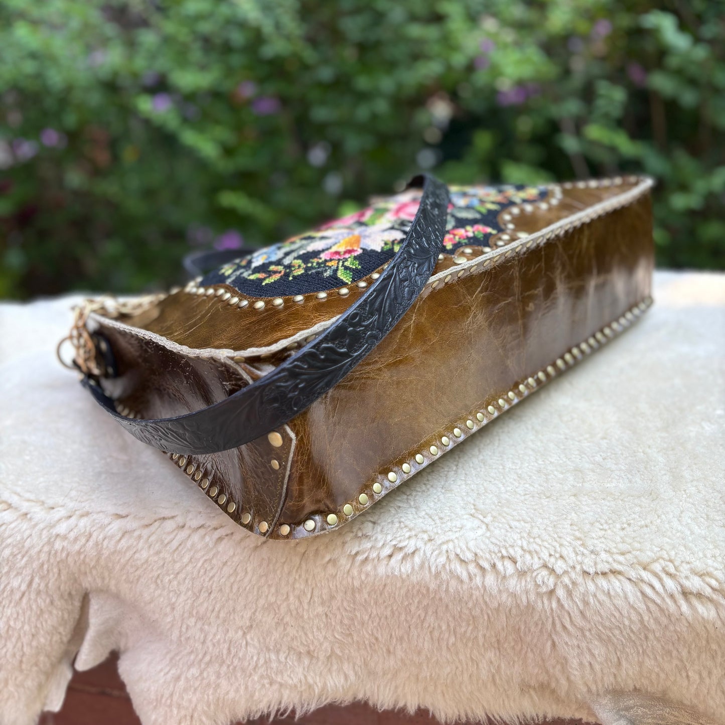 Olive Leather Bouquet Needlepoint Heirloom Bag