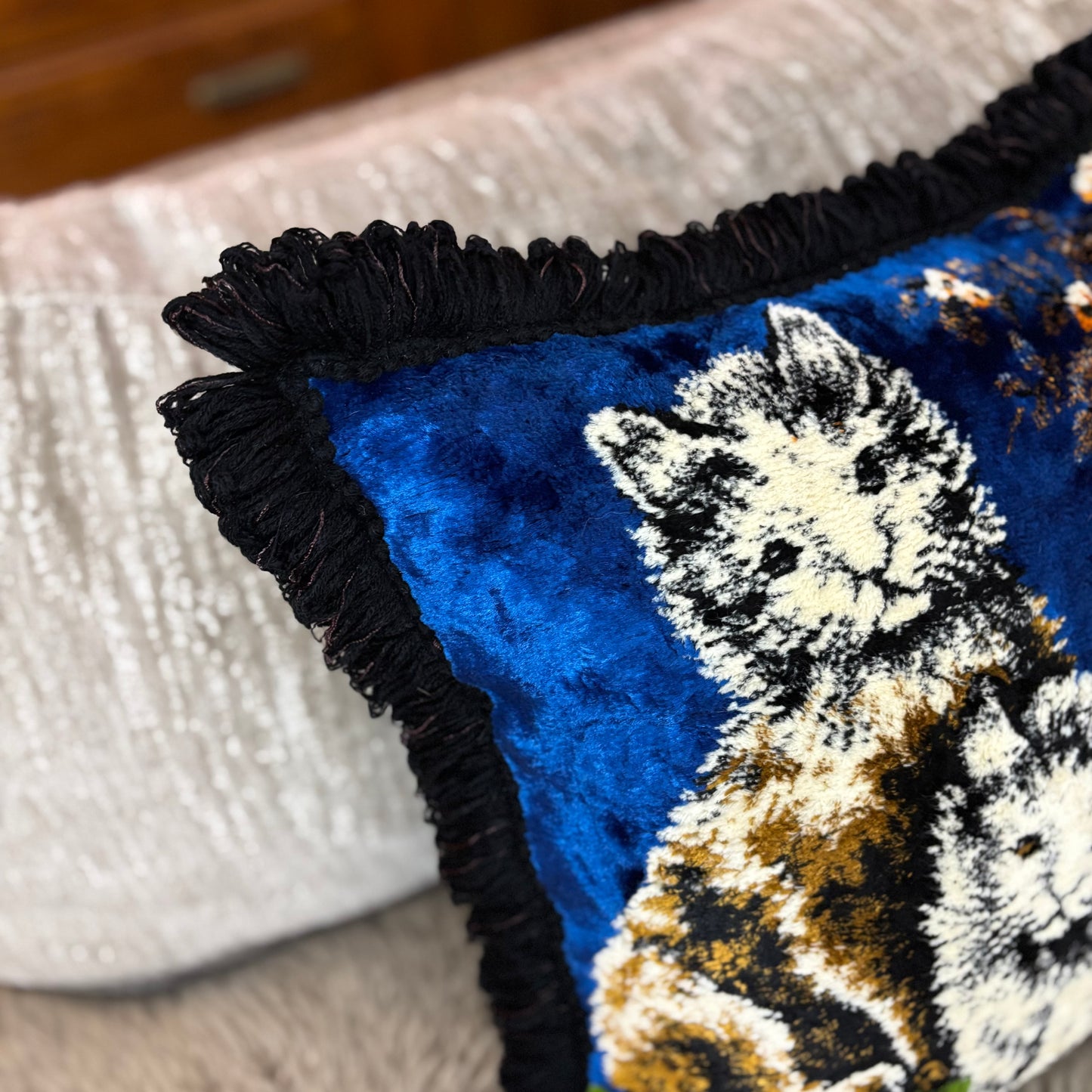 Vintage Velvet Blue Kitten Pillow