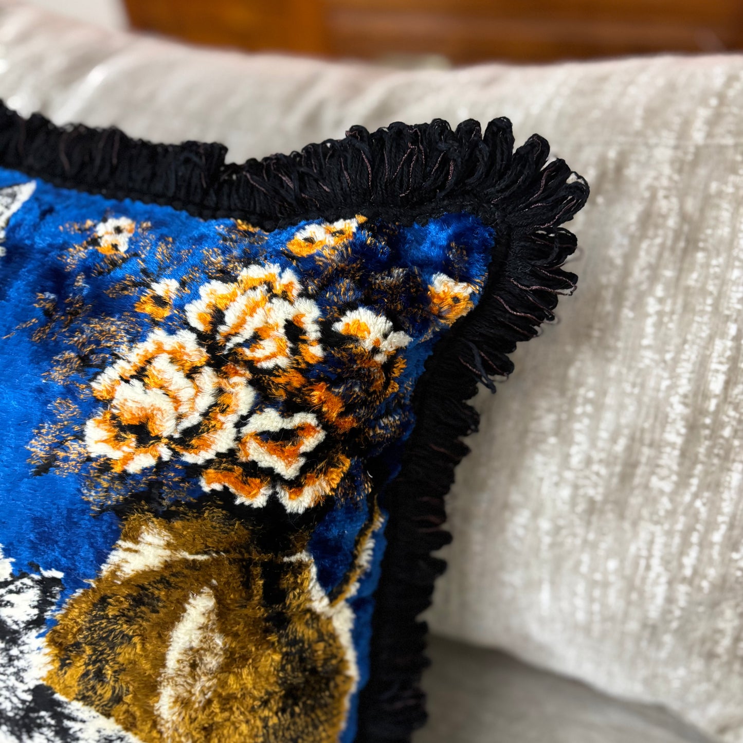 Vintage Velvet Blue Kitten Pillow