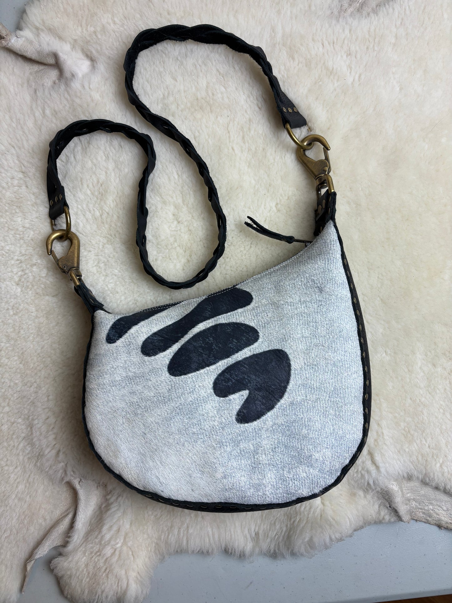 Zebra Crescent Bag with Brass