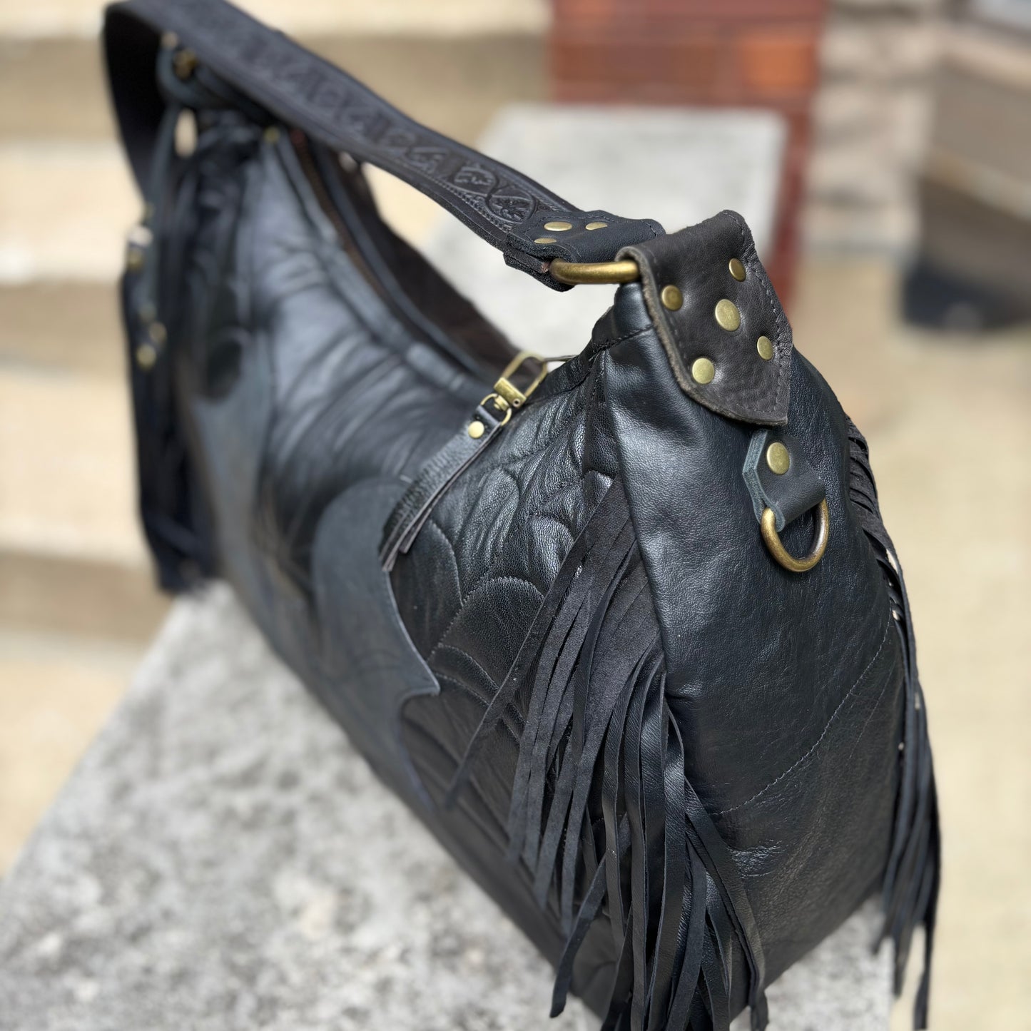 Reclaimed Leather Bat Ziptop Bag