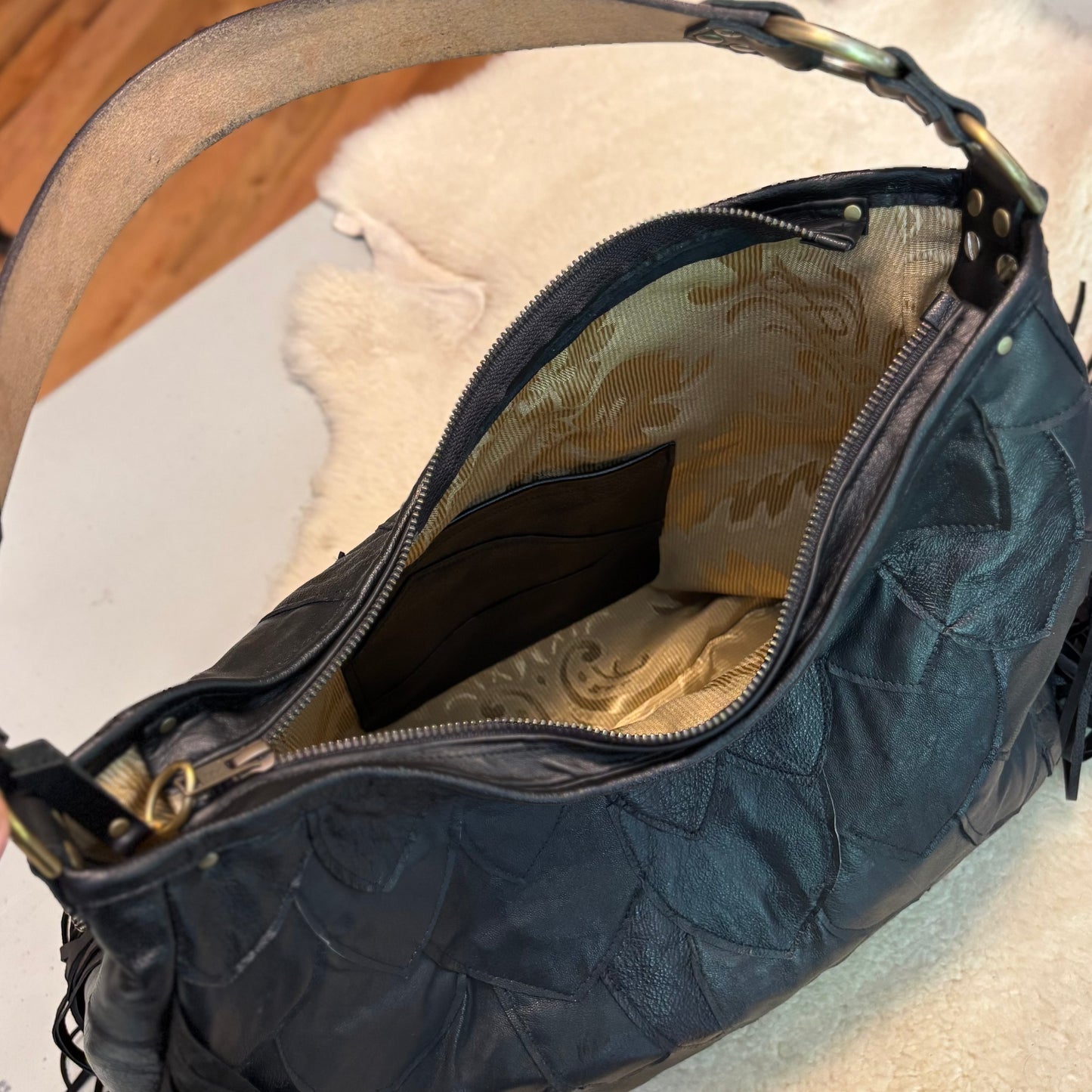 Fish Scale Reclaimed Leather Fringed Bag