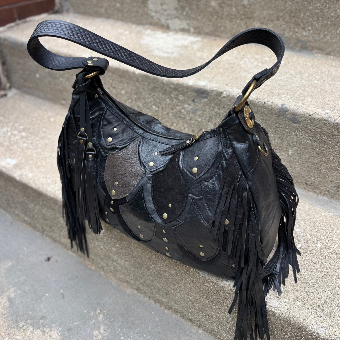 Reclaimed Leather Fishscale Ziptop Bag