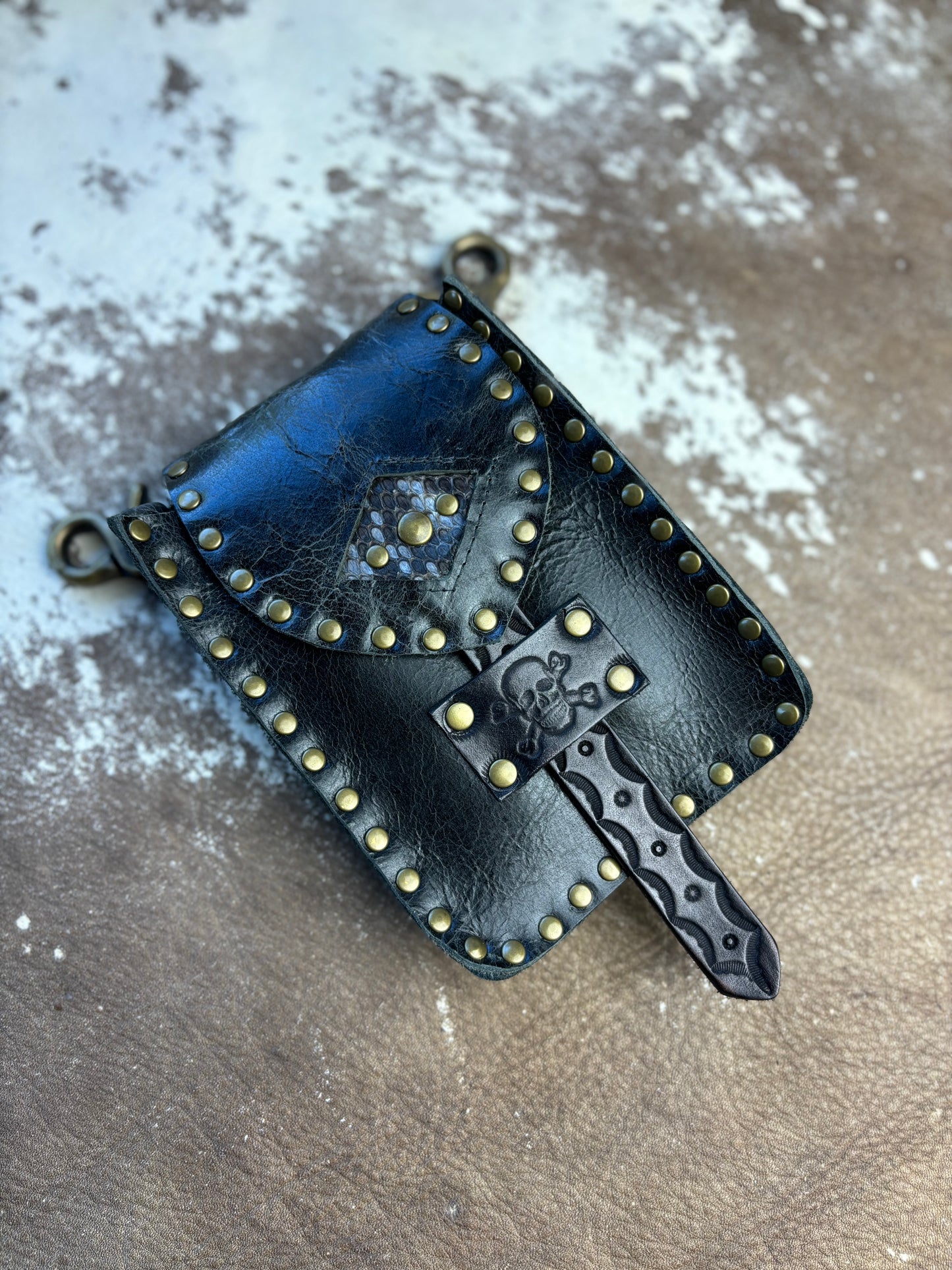 Black Leather Crossbody/Waist Bag with Snakeskin