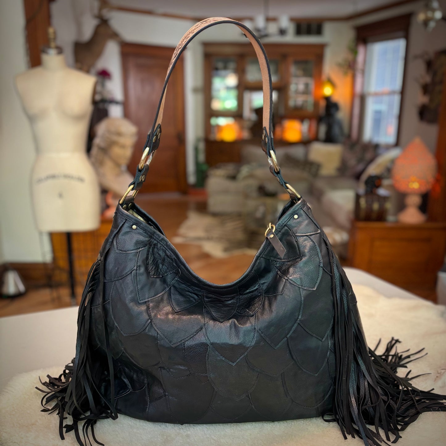 Fish Scale Reclaimed Leather Fringed Bag