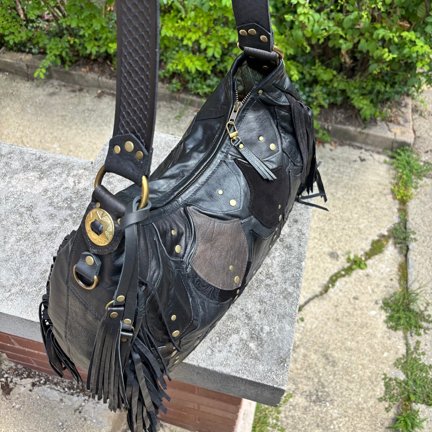 Reclaimed Leather Fishscale Ziptop Bag