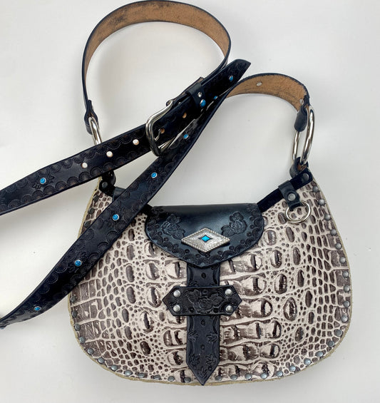 Croc Print Crossbody with Stamped Accents & Turquoise