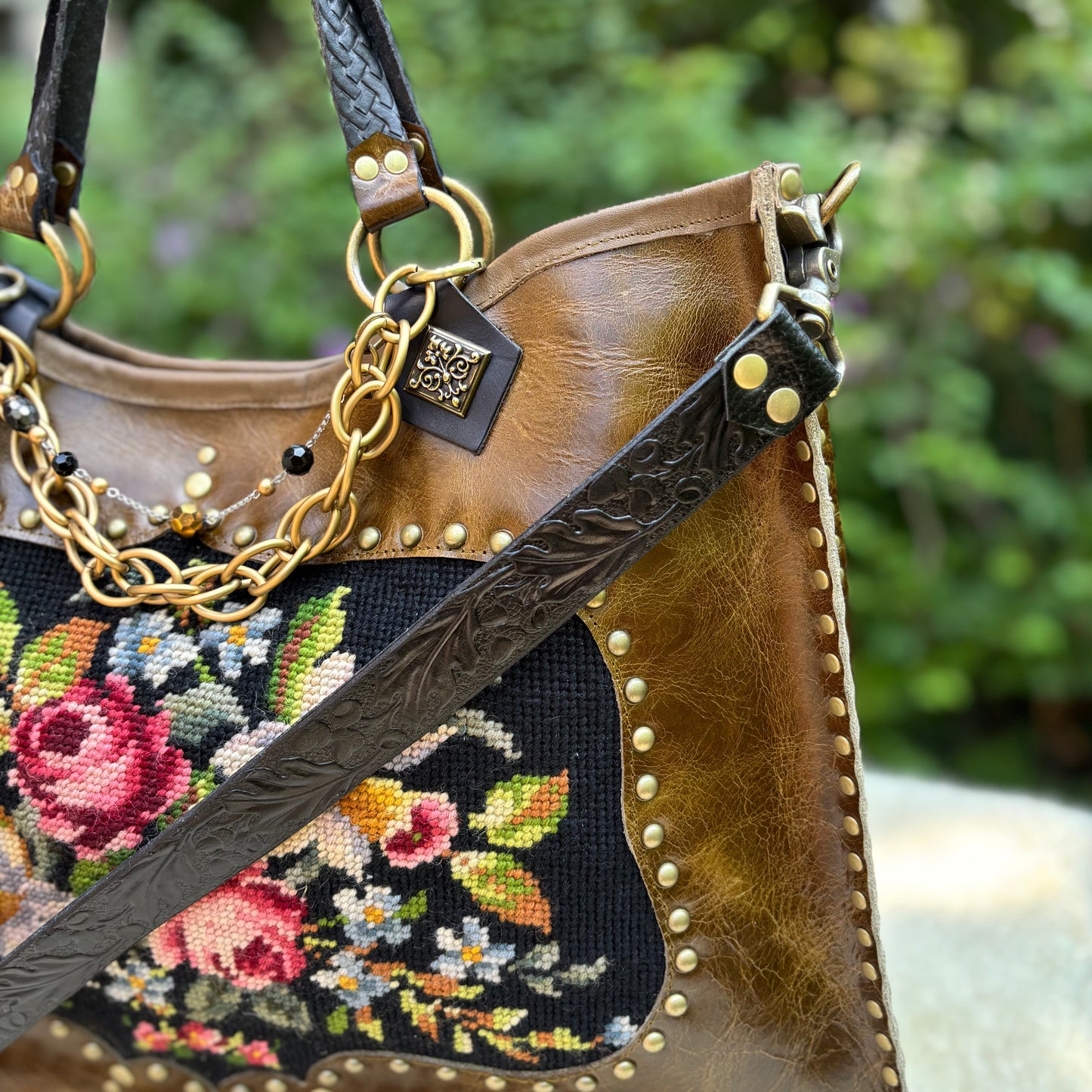 Olive Leather Bouquet Needlepoint Heirloom Bag