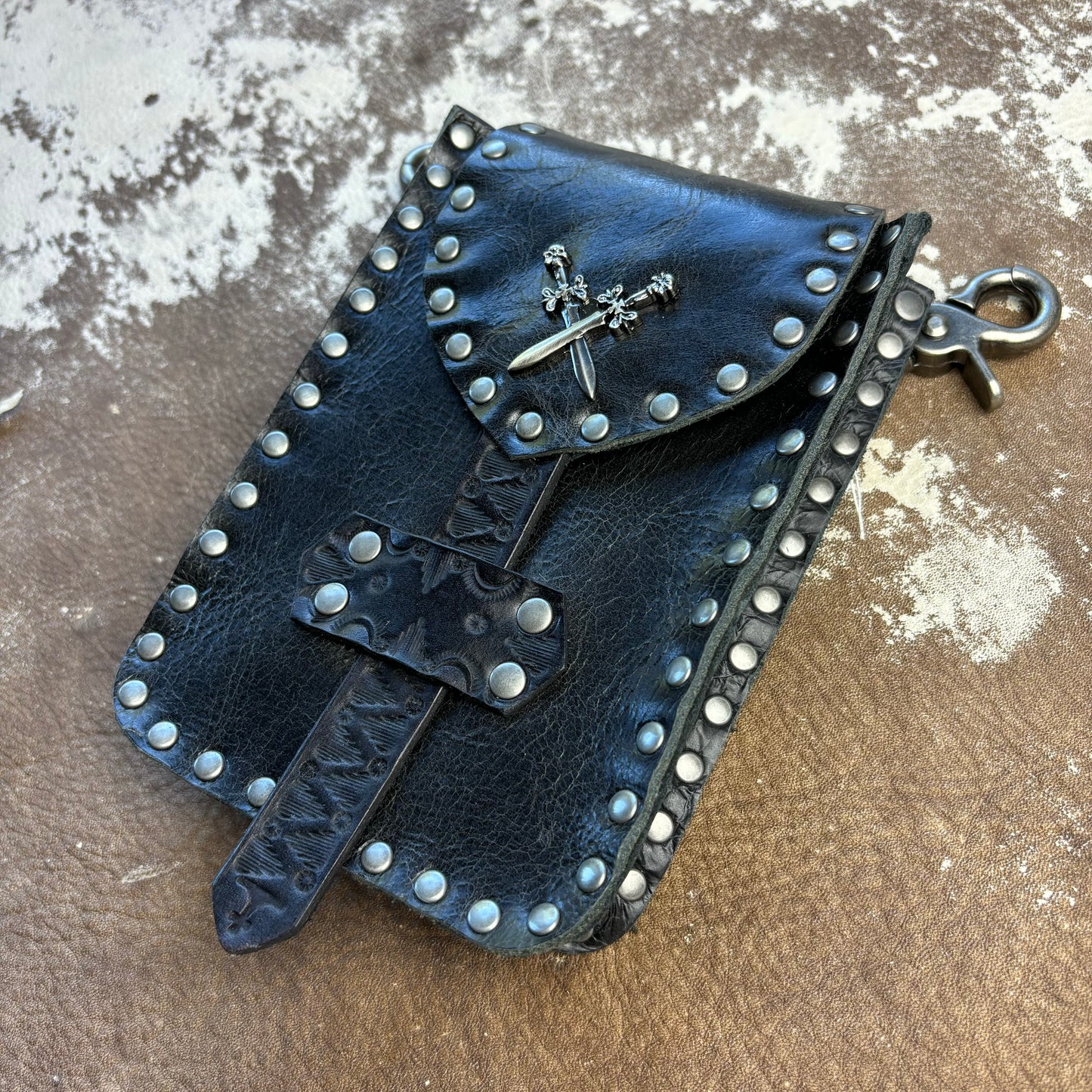 Black Leather Crossbody/Waist Bag with Crossed Swords