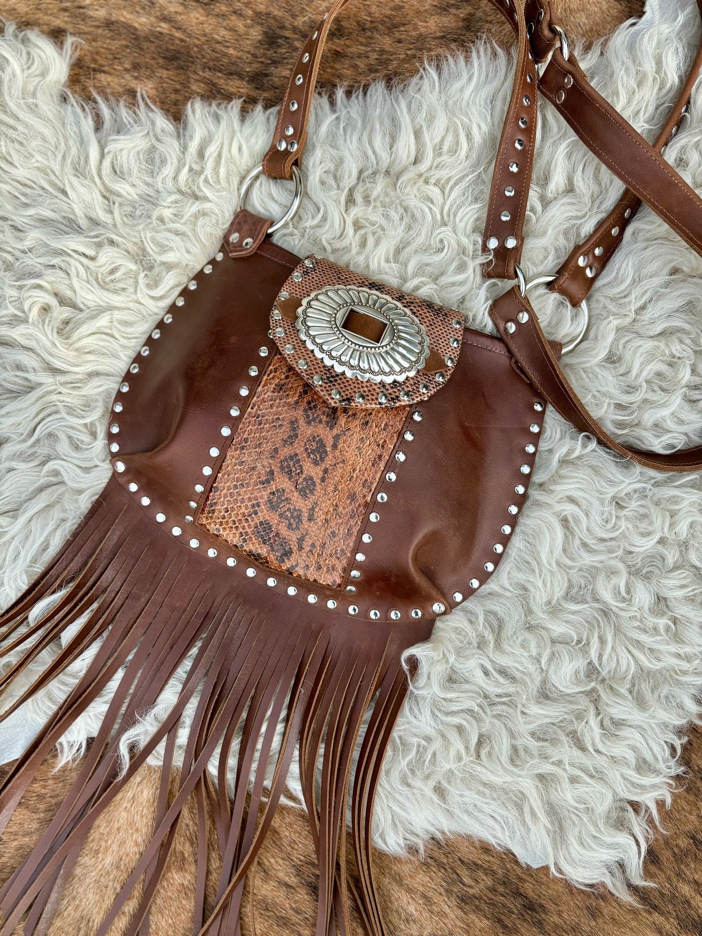 Snakeskin Fringed Leather Crossbody Bag