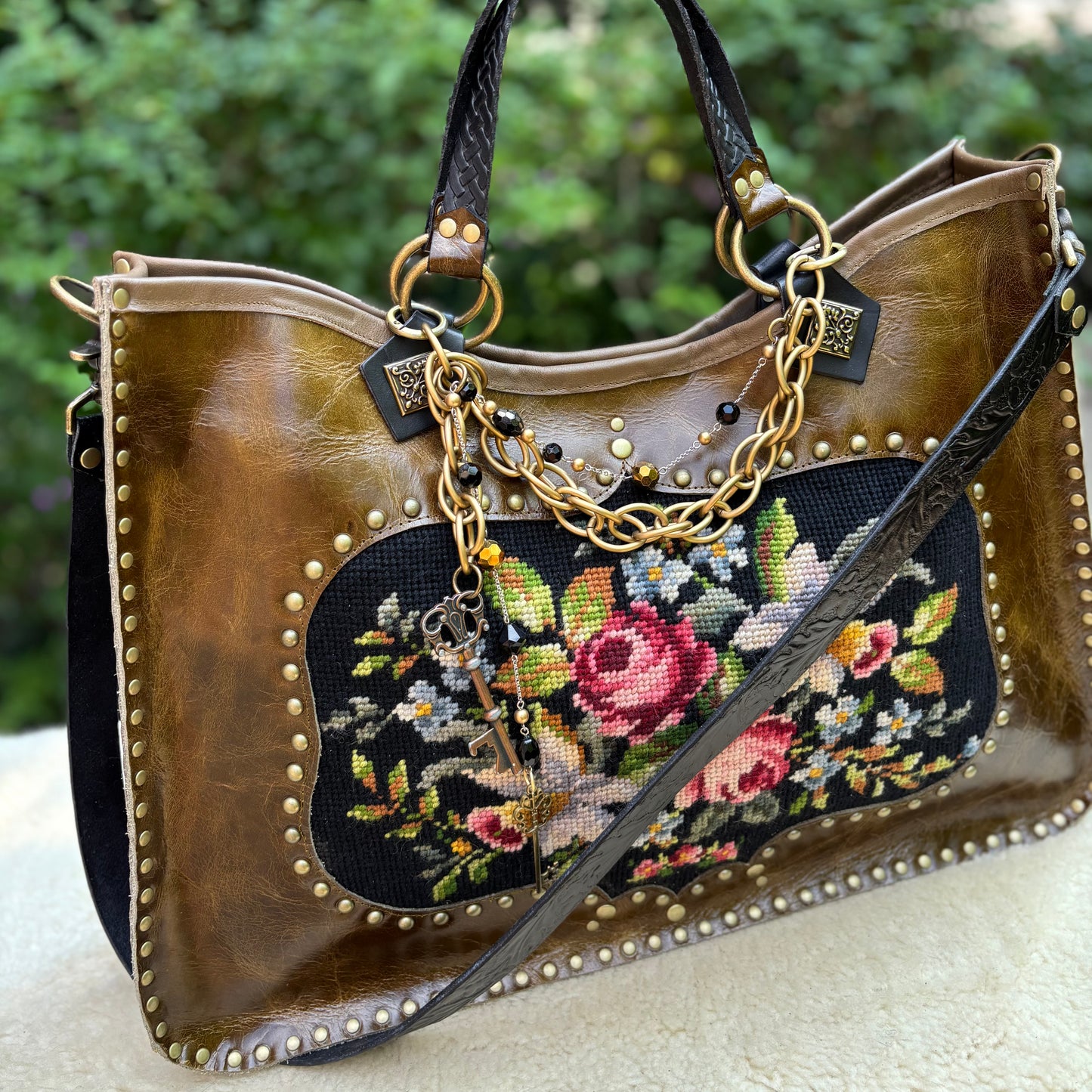 Olive Leather Bouquet Needlepoint Heirloom Bag