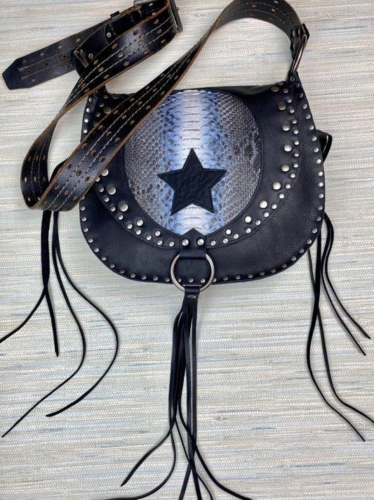 SALE 25% OFF Black Rounded Flaptop Bag with Blue Snakeskin & Star