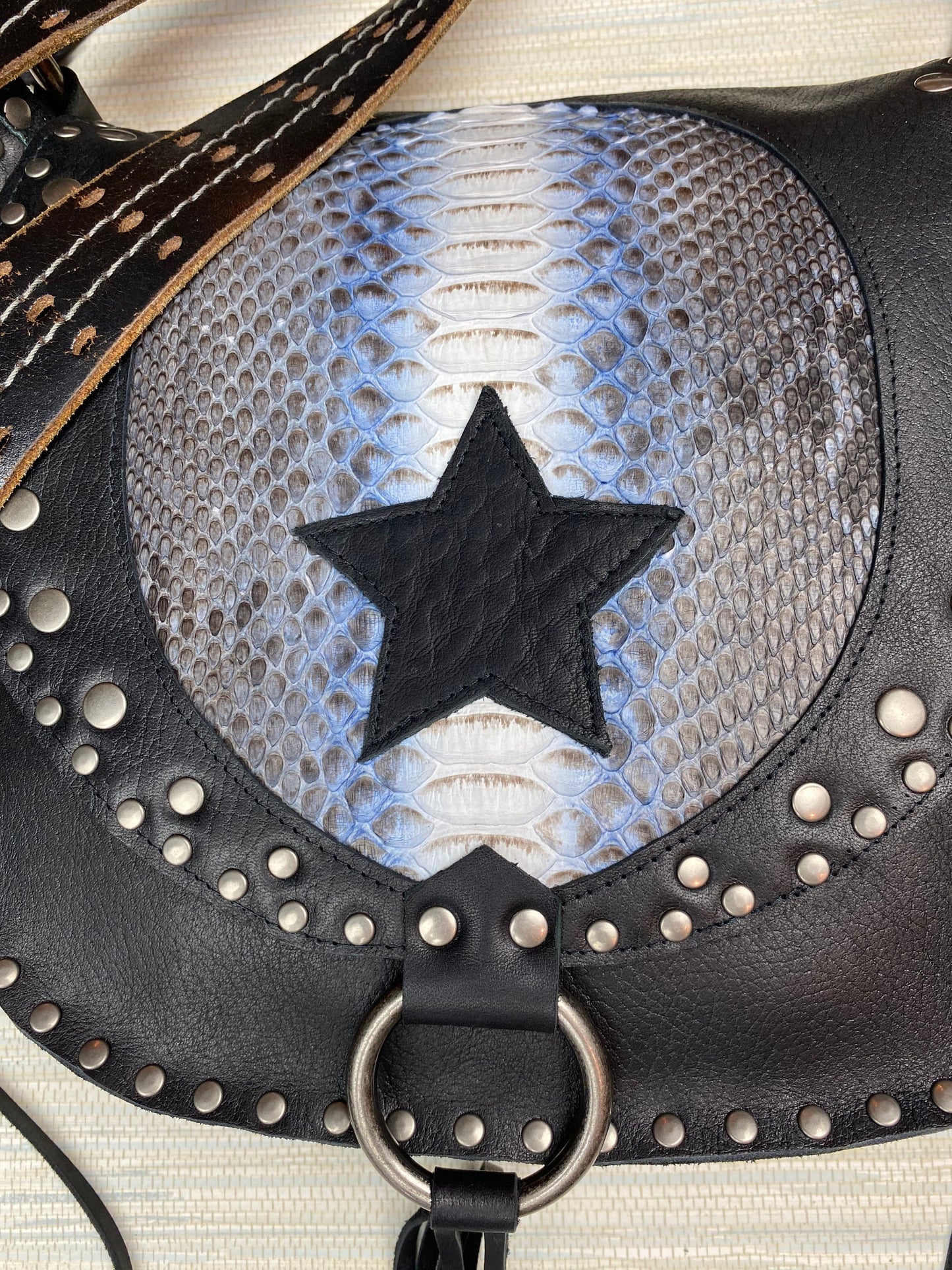 SALE 25% OFF Black Rounded Flaptop Bag with Blue Snakeskin & Star