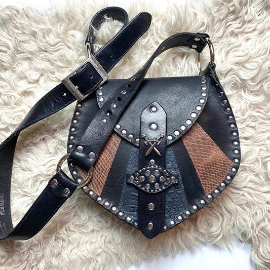 Black, Brown & Grey Crossbody Bag with Crossed Swords